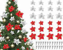 24 Pieces Christmas Artificial Glitter Poinsettia Flowers Xmas Flowers Wedding Christmas Tree New Year Ornaments(Red And Silver),26173579 - 銀色 - 查看 2