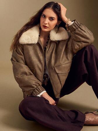 Simplee Giacca invernale da donna  con chiusura lampo, colletto, tasche, imbottitura calda, adatta per Natale, Ringraziamento, Capodanno