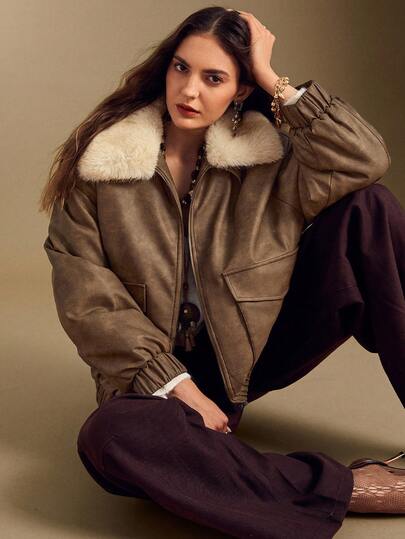 Simplee Giacca invernale da donna in ecopelle con chiusura lampo, colletto, tasche, imbottitura calda, adatta per Natale, Ringraziamento, Capodanno