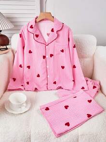 2pcs Elegant Pajama Set, Including A Pink Heart Striped Top And Pants, Suitable For Girls To Wear In Spring, Autumn And Winter. Made Of Comfortable Fabric With Lapel Button Design, Perfect For Daily Wear, Parties, Holidays, Valentine's Day And Casual Occasions. - Baby Pink - View 3