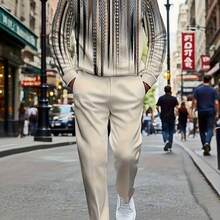 European And American Men's Sports Suit With Striped Half-Zip Top Made Of High-Quality Polyester Fabric, Wrinkle-Resistant And Easy To Care For, Suitable For Fitness And Outdoor Activities With A Sporty Casual Style.  Folk-Custom    Spring/Fall  Fall/Winter    Regular Fit    Drawstring  Zipper  Pocket    Christmas  Halloween - 米色 - 查看 5