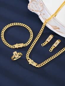 Elegant Gold Jewelry Set For Women – 4 Piece Knot Chain Necklace, Bracelet, Earrings & Ring, Luxury Gift Box Included, Perfect For Birthday, Anniversary, Valentine's Day - Vàng - Xem 2