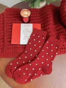 4 Pairs Christmas Red Knitted Socks Set - Polka Dot/Striped/Christmas Tree Pattern, Comfortable Warm Mid-Calf Socks, Holiday Gift - Red - View 8