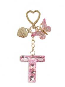 1pc Shiny Pink Rhinestone 26 Alphabet Letter Keychain, With Heart Tag Butterfly Metal Heart Charm Pendant, Creative Fashion Women Backpack Decor, Party Gathering Stylish Gift, Anniversary, Valentine's Day, Christmas Gift For Friends, Family, Teachers Bag Charms Car Accessories Sister Gift Ideas
