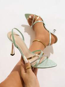 女士高跟凉鞋，时尚水钻装饰尖头踝带细高跟鞋，复古金属蛇纹质感舒适材质，适合春夏夜店、旅行、通勤、T台走秀、派对、宴会、情人节等场合，可搭配秋季女装，性感、前卫、奢华、青春，活力薄荷绿高跟凉鞋 - 薄荷綠 - 查看 3