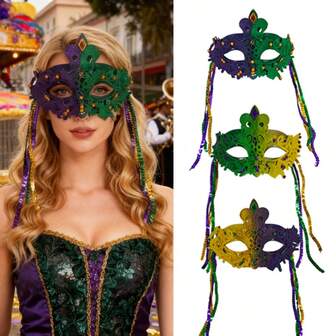 Máscara de encaje de carnaval - Máscara con borlas doradas, púrpuras y verdes, con rhinestones, regalo para celebración de festival, fiesta de mascarada, máscara sexy de media cara