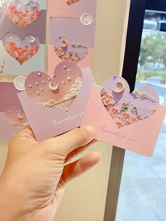 20张心形贺卡，3D心形月亮彩绘贺卡，花卉节日贺卡，教师节贺卡，情人节贺卡（款式随机）