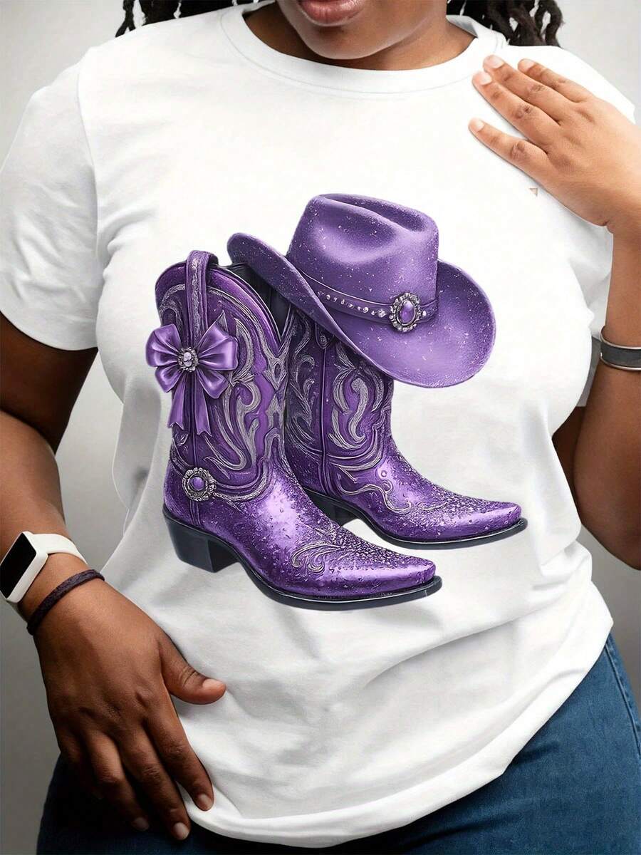 Purple Cowboy Boots And Hat Western Theme T Shirt Women Fashion Graphic Tee Country Style Casual Top - 白色 - 查看 1