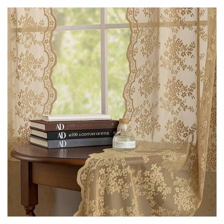 Taupe Lace Curtains 63 Inches Length 2 Panels Vintage Earthy Neutral Sheer Curtains With Scalloped Edges Rod Pocket Short Crochet Lace Panles For Bedroom Dining Room W52 X L63 Light Coffee - 多色646 - 查看 1