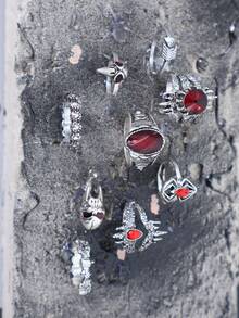 9 قطع مجموعة خواتم قابلة للتكديس بتصميم فضي عتيق، وردة سوداء جوتية، خفاش، قلب، طراز فامبير (للنساء)