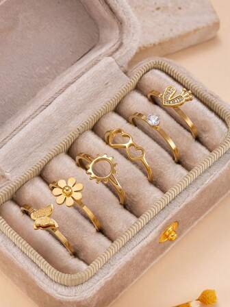 5/6pcs Fashion Luxury Heart, Sun, Flower, Butterfly Rhinestone Ring Set, Suitable For Women's Daily Wear (No Gift Box)