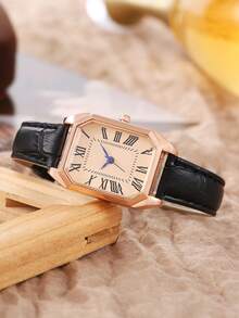 1 pieza Reloj analógico de cuarzo, esfera con números romanos cuadrados, reloj formal vintage, reloj de pulsera decorado con rhinestones - Negro - Ver 3