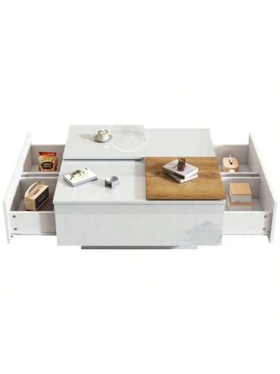 Moderne High Gloss Zwart Quadratischer Couchtisch Mit Einlegeböden 75*75*33,5cm, Small Verschiebbare Tischplatte In Contrasting White, Max. Load Capacity 30kg view 5