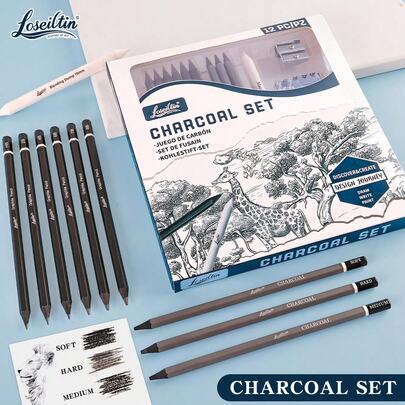 Xin Bowen Professional Charcoal Pencils Set 12pcs Drawing Sketch Pencils Graphite Pencils (HB-8B-Soft-Medium-Hard) Charcoal Sticks, Stump, Eraser, Sharpeners, Ideal For Drawing Art, Sketching, Artist Pencils For Beginners & Pro Artists