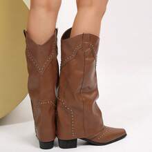 PENNYSUE Women Knee High Boots Pointed Toe Chunky Heel Boots Motorcycle Riding Pull-On Fashion Long Biker Boots For For Spring And Autumn - màu nâu - Xem 2