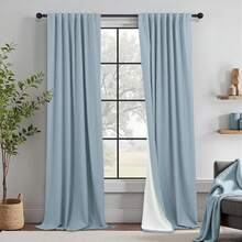 Cream Linen Blackout Curtains 84 Inch Long 2 Panel Set, Thermal Insulated Light Blocking, Neutral Rustic Farmhouse Style, Ivory White, 2025 - 石藍色 - 查看 1
