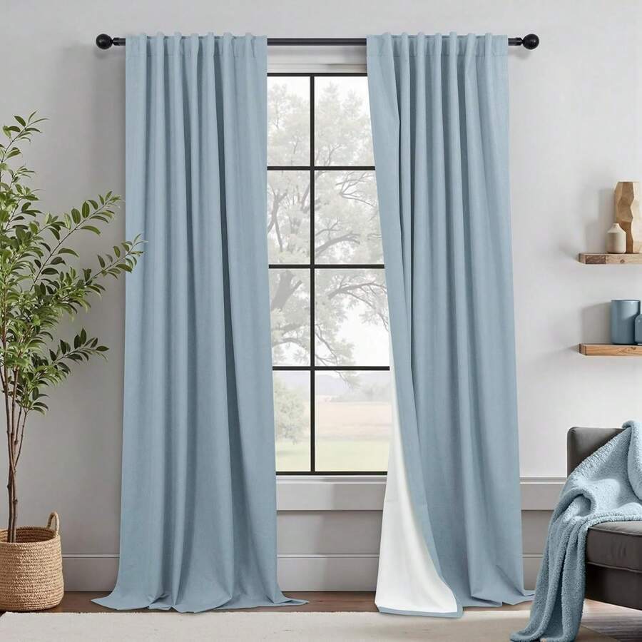 Cream Linen Blackout Curtains 84 Inch Long 2 Panel Set, Thermal Insulated Light Blocking, Neutral Rustic Farmhouse Style, Ivory White, 2025 - 石藍色 - 查看 1