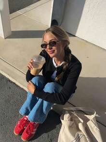 Women's Knitwear Cardigan Long Sleeve Round Neck Button Front Rib-Knit Details Regular Length Medium Stretch Red Cardigan,Casual Sweater - Black - View 4