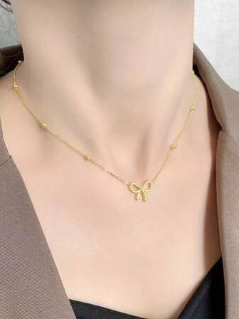 4pcs Sweet Fugitive Princess Bow Pearl Titanium Steel Jewelry Set, Fashion Elegant Minimalist Commuter Necklace/Bracelet/Earrings, Suitable For Women's Daily Wear