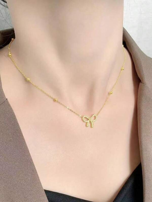 4pcs Sweet Fugitive Princess Bow Pearl Titanium Steel Jewelry Set, Fashion Elegant Minimalist Commuter Necklace/Bracelet/Earrings, Suitable For Women's Daily Wear