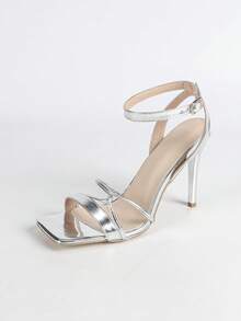 Giày sandal cao gót thời trang nữ, chất liệu da PU ánh kim, quai mảnh, quai chéo, quai sau, khóa cài, hở mũi, hở gót, mũi vuông cổ điển, gót mạ bạc, gót mỏng, thích hợp cho mùa hè, ngoài trời, kiểu dáng thông thường, sandal bạc nữ, sandal cao gót, tối giản, gợi cảm, dự tiệc. - Bạc - Xem 14