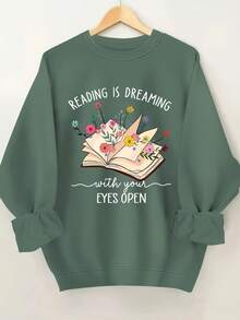 Women's  Round Neck Sweatshirt - "Reading Is Dreaming With Your Eyes Closed" Floral Book Design, Soft Casual Pullover For Spring/Fall, Machine Washable, Book Sweater - 軍綠色 - 查看 4