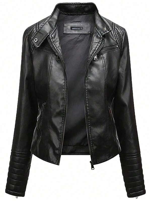 Women's Leather Jacket, Long Sleeve Fitted Stand Collar Leather Coat, Autumn,Fleece