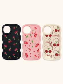 White Pink Black Milky White Creative Wavy Texture 3pcs Cherry Pattern Shockproof Phone Cases Fashion Phone Cases Compatible With IPhone & Galaxy Phones Spring Gift Case,International Version, Not The Domestic Version - Multicolor - View 21