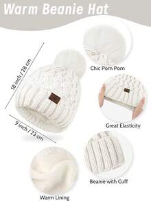 URATOT Women Winter Beanie Hat Scarf Gloves Ear Warmer 4 In 1 Set Beanie Pompom Hat Touchscreen Gloves Long Scarf Ear Warmer - 白色 - 查看 2