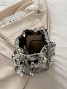 1pc Glitter Lightweight Durable Large Capacity Women's Crossbody Bag, Fashionable Versatile Party Bucket Bag Suitable For Party, Travel, Evening Events - Silver - View 10