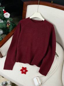 1pc Burgundy Sweater, Vintage Christmas/New Year Red Top, Slouchy Knit Pullover, Suitable For Dates, Everyday Wear In Autumn/Winter, Fashionable For Young Women, Retro Style For Daily Outings, Suitable For French Style Lovers & Lightly Mature Women - Burgundy - View 5