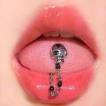 不锈钢哥特式穿孔链朋克骷髅十字架心形舌钉，独特个性化女士舌环 - C - 查看 9