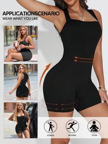 Women Workout Ribbed Bodysuits Tummy Control Body Shaper Seamless Sculpting Waist Slimming Bodysuit - Black - View 1