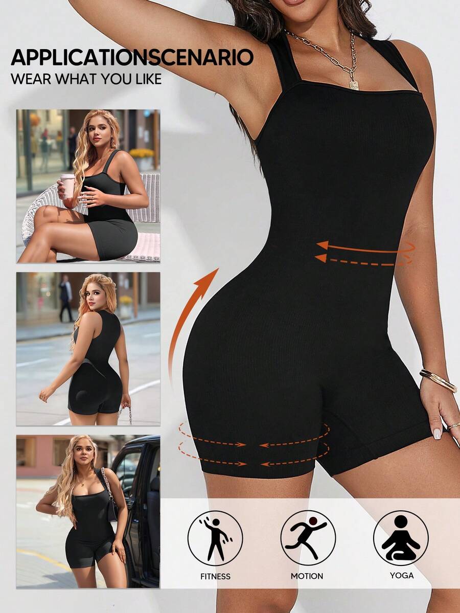 Women Workout Ribbed Bodysuits Tummy Control Body Shaper Seamless Sculpting Waist Slimming Bodysuit - Black - View 1