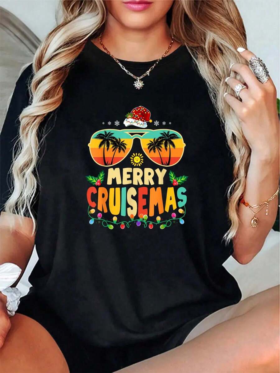 100% Algodón Unisex Camiseta Feliz Navidad Y'all para mujeres y niñas, camiseta de vacaciones de Navidad, camisetas gráficas vintage, atuendos casuales, ropa de verano para hombres y mujeres - Negro 2 - Ver 1