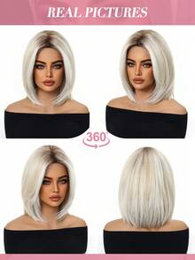 12 Inch Women Short Straight Bobo Wig, White Highlights With Dark Roots, Suitable For Cosplay And Daily Wear, High Temperature Fiber Synthetic Wig - Piano Color - View 8