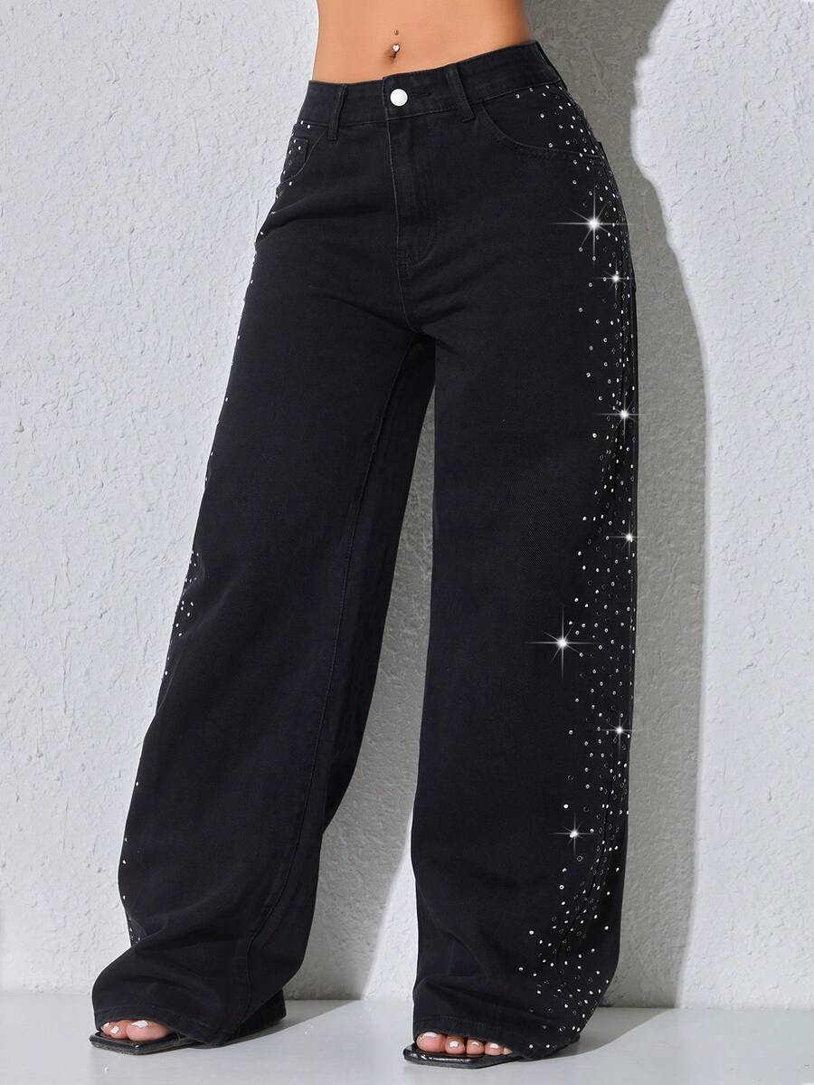 低腰阔腿休闲黑色斜口袋曲线女式牛仔裤，重珠饰 - 黑色 - 查看 1