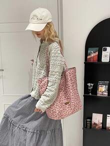 Różowa płócienna torba z nadrukiem w panterkę dla kobiet, jesień i zima 2025, nowa, swobodna torba o dużej pojemności, torba na zakupy na jedno ramię do pracy - Różowy - Zobacz 3