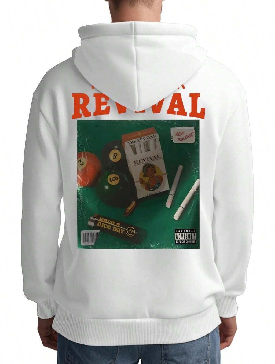 Men's Hooded Sweatshirt, "TREATY OAK REVIVAL" Text Pattern Design, Made Of 260G Heavy Knit Fabric, Polyester-Cotton Material, Suitable For Sports, Home, And Outings, Unisex, Suitable For Festivals And Gifts, Machine Washable - 白色 - 查看 1