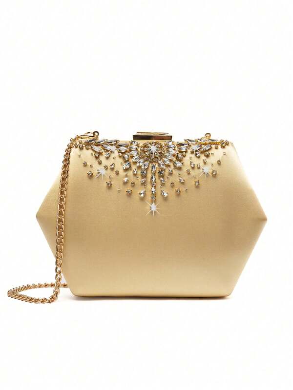 Hexagonal Hand-Stitched Rhinestone Evening Bag, Heavy Industries Elegant Box Clutch Handbag For Ladies, Party/Prom/Wedding