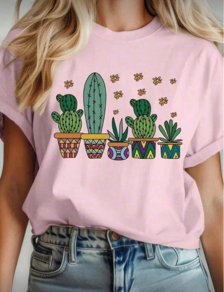 Basic Cactus T-Shirt, Women's Cotton Blouse - Baby Pink - View 1