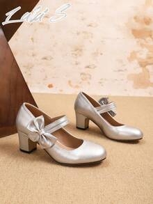 Giày cao gót Mary Jane mũi tròn đính nơ thời trang thanh lịch dành cho nữ, khóa dán tiện lợi khi mang, thích hợp cho tiệc tùng/đám cưới/giáng sinh/nghi thức công sở, giày mọi mùa, giày cao gót màu bạc, đi nghỉ, giày ba lê - Bạc - Xem 6