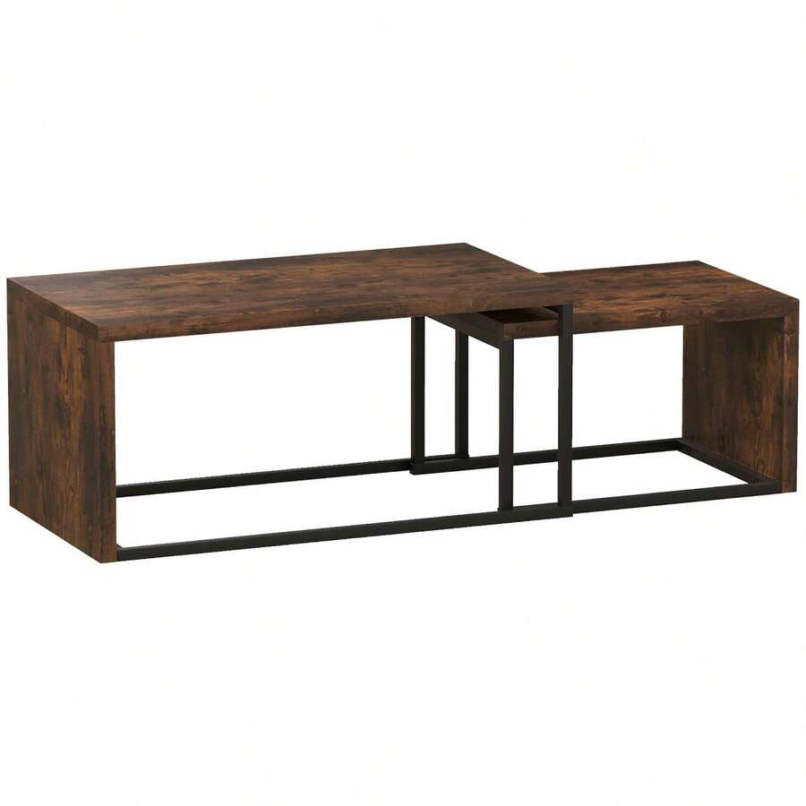 HOMCOM 2-Piece Set Coffee Table Side Table Sofa Table End Table Coffee Table Various Shapes Multifunctional Elegant Simple Black+Brown Metal Leg On Site - 1 - View 1