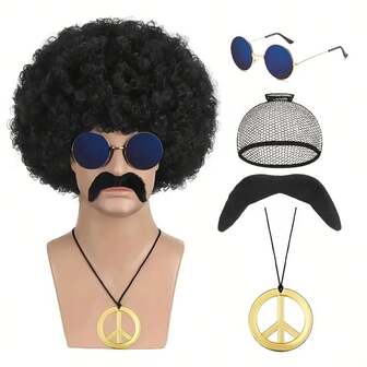 鲻鱼头假发 合成假发 男士摇滚发型 万圣节迪斯科嬉皮士80年代朋克 大美元项链 黑色卷发假发 男女皆宜 万圣节派对装扮假发