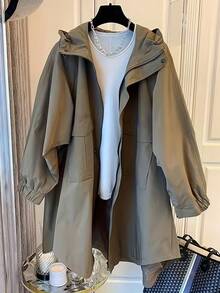 Women's Hooded Jacket, Fashionable Drawstring Long-Sleeved Slim-Fit Zippered Pocket Jacket, Women's Windbreaker, Suitable For Daily Wear In Spring And Autumn - Green - View 2