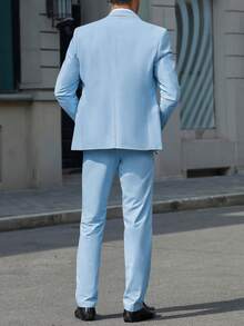 I FineLong Men's Business Suit, 2 Pieces Set Including Jacket And Pants, Pockets Unopened - Baby Blue - View 3