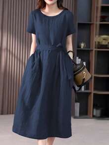 女士棉麻中长连衣裙 A 字飘逸夏季度假宽松长款休闲连衣裙，配腰带 - 藏蓝色 - 查看 1