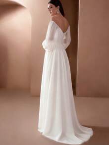 女士纯色露肩灯笼袖休闲婚纱