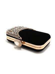 Bolso de mano para con asa de metal, bolso de noche con diamantes, bolso de mano dorado para boda, bolso de hombro con cadena, bolso pequeño - Negro - Ver 6