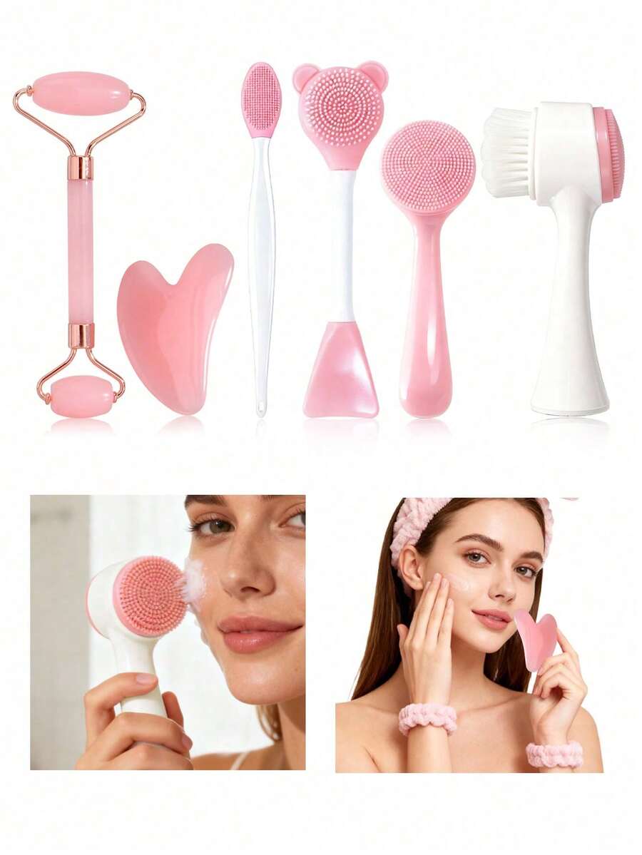 3/4/6件套面部清洁美容按摩工具套装，包含洁面刷、去角质刷、面膜刷、软毛多功能刷、面部刮痧板、滚轮，多种护肤工具组合装 - 彩色 - 查看 1
